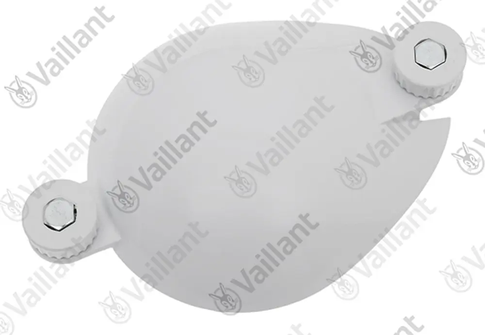 Weißer runder Deckel von Vaillant mit zwei Befestigungselementen. Geeignet für den Anschluss an ein Rohrsystem. Einfaches Design ohne sichtbare Maße.